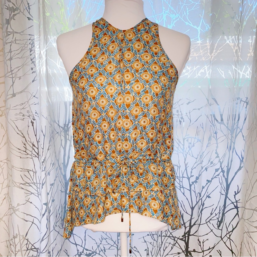 DEREK LAM 10 CROSBY brown tan blue floral print waist tie ruffle hem silk top